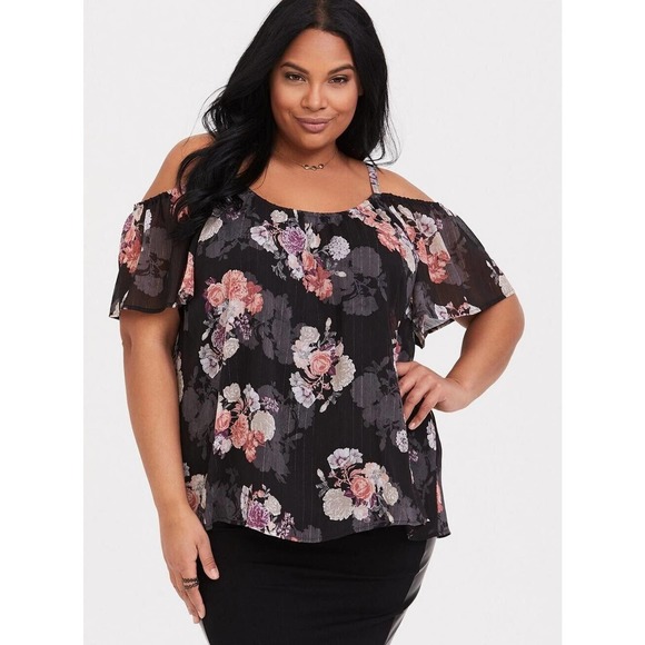 torrid Tops - Torrid Black Floral Lurex Cold Shoulder Top Chiffon Women's Size 3 3X H14446